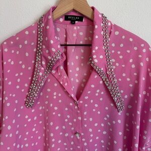 Beulah Rhinestone-Trim Pink Polka Dot Blouse
